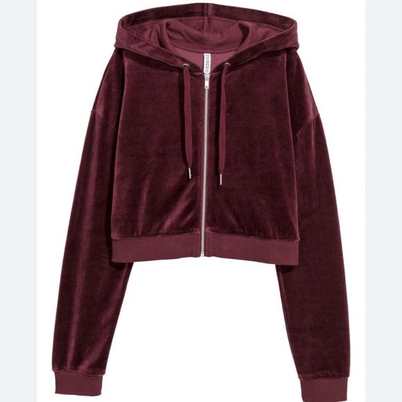 (SOLD) HM Burgundy Hooded Velour Jacket Women Size M - Picture 1 of 5
